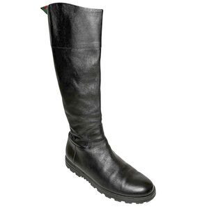 Gucci Black Meguro Leather Knee High Tall Boots Web Stripe Pull Tab EU 40
